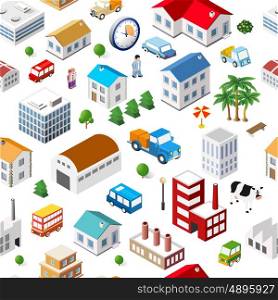 Texture of urban seamless repeating pattern of isometric city facilities such as homes, buildings, factories, plants and trees. Web elements for background and interactive applications concept