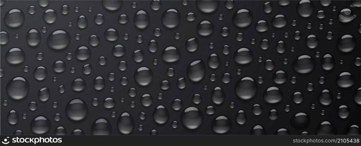 Texture of water droplets on black background. Vector realistic illustration of condensation of steam in shower, vapor or fog on wet dark surface, clear aqua drops from dew or rain. Texture of water droplets on black background