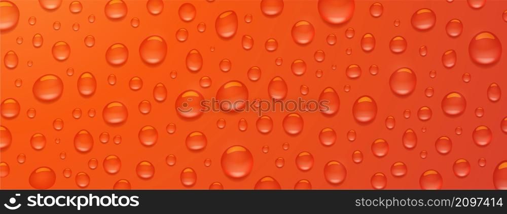Texture of water droplets on red background. Vector realistic illustration of condensation of steam, vapor or fog on wet red surface, clear aqua drops from dew or rain. Texture of water droplets on red background