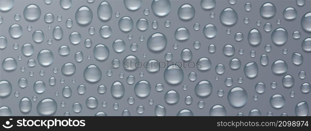 Texture of water drops on gray background. Vector realistic illustration of condensation of steam, vapor or fog on wet grey surface, clear aqua droplets from rain on glass. Texture of water droplets on gray background