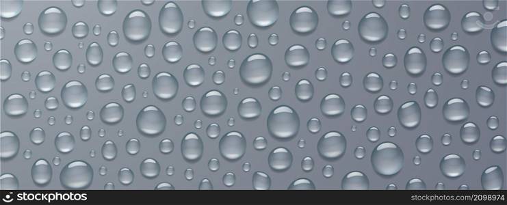 Texture of water drops on gray background. Vector realistic illustration of condensation of steam, vapor or fog on wet grey surface, clear aqua droplets from rain on glass. Texture of water droplets on gray background