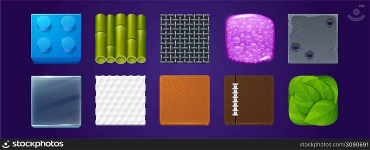 Texture samples. game ui app icons, square buttons toy block, bamboo stem, metal grid, air bubbles, bullet holes, glass, golf ball, leather menu interface textured graphics, isolated 3d vector set. Texture samples. game ui app icons, square buttons