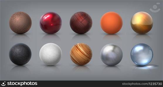 Texture spheres. 3D realistic balls of glass metal plastic rubber materials, decoration elements and templates for modeling. Vector illustration abstract designs ball shapes. Texture spheres. 3D realistic balls of glass metal plastic rubber materials, decoration elements and templates for modeling. Vector abstract shapes