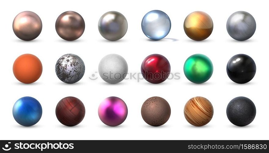 Texture spheres. Realistic 3D balls of different material. Collection matte and shiny round forms from steel, plastic. Branding, company identity template, vector colorful geometric shapes set. Texture spheres. Realistic matte and shiny round forms from steel, plastic and glass. 3D balls of different materials. Branding, company identity templates, vector colorful geometry set