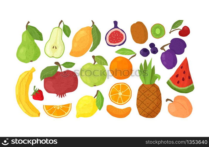 Textured fruit - apple, orange, pomegranates, pineapple, kiwi, watermelon, figs isolated design elements on white. Healthy diet organic food with hand made textures. Paper effected flat vector objects. Textured fruit hand drawn set