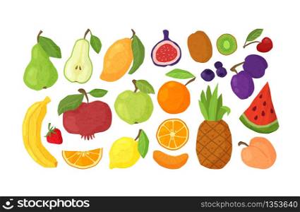 Textured fruit - apple, orange, pomegranates, pineapple, kiwi, watermelon, figs isolated design elements on white. Healthy diet organic food with hand made textures. Paper effected flat vector objects. Textured fruit hand drawn set