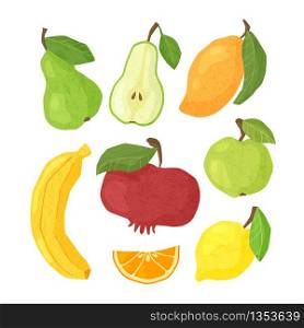 Textured fruit - pear, apple, mango, banana, lemon and orange, pomegranates, isolated design elements on white. Healthy diet organic food with hand made textures. Paper effects on flat vector objects. Textured fruit hand drawn set