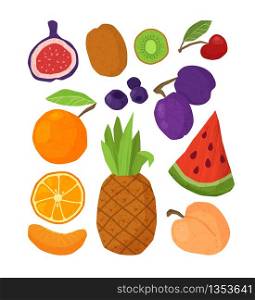 Textured fruit - plum, peach, orange, pineapple, kiwi, cherry, watermelon, figs isolated design elements on white. Healthy diet organic food with hand made textures. Paper effected flat vector objects. Textured fruit hand drawn set