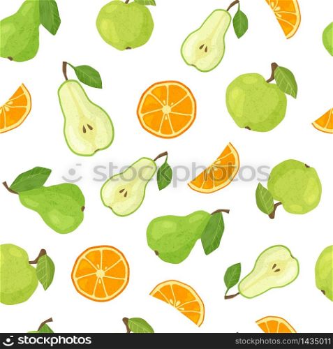 Textured fruit seamless pattern white background - apple, orange and green pear. Healthy diet vegan organic food with hand made textures. Paper cut effected flat vector objects. Textured fruit hand drawn set