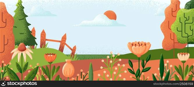 Textured nature landscape. Country picture, geometric modern garden with flower, tree and hills. Summer spring village or farm, swanky plants vector panorama. Illustration of country landscape. Textured nature landscape. Country picture, geometric modern garden with flower, tree and hills. Summer spring village or farm, swanky plants vector panorama
