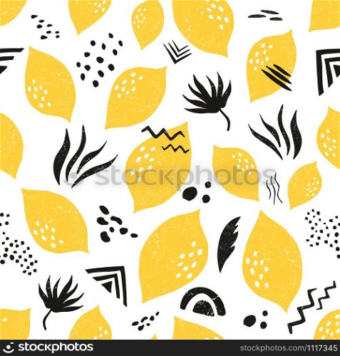 Textured seamless pattern with lemons and ethnic ornament. Tropical tribal motives. For prints, dresses, shirts, any textile, greeting card. Textured seamless pattern with lemons and ethnic ornament.