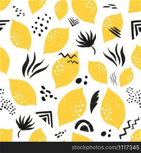 Textured seamless pattern with lemons and ethnic ornament. Tropical tribal motives. For prints, dresses, shirts, any textile, greeting card. Textured seamless pattern with lemons and ethnic ornament.