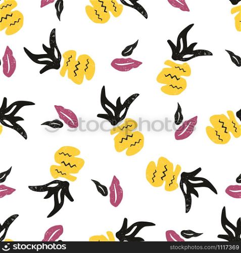 Textured seamless pattern with pineapples and leaves. Tropical tribal motives. For prints, dresses, shirts, any textile, greeting card. Textured seamless pattern with pineapples and leaves.