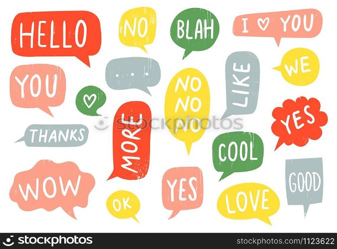 Textured speech bubble signs. Thanks sign, yes and no doodle. Hand drawn frames with ok, good and i love you text vector set. Colorful text clouds with different words. Messaging design elements. Textured speech bubble signs. Thanks sign, yes and no doodle. Hand drawn frames with ok, good and i love you text vector set. Multicolor text clouds with different words. Messaging design elements