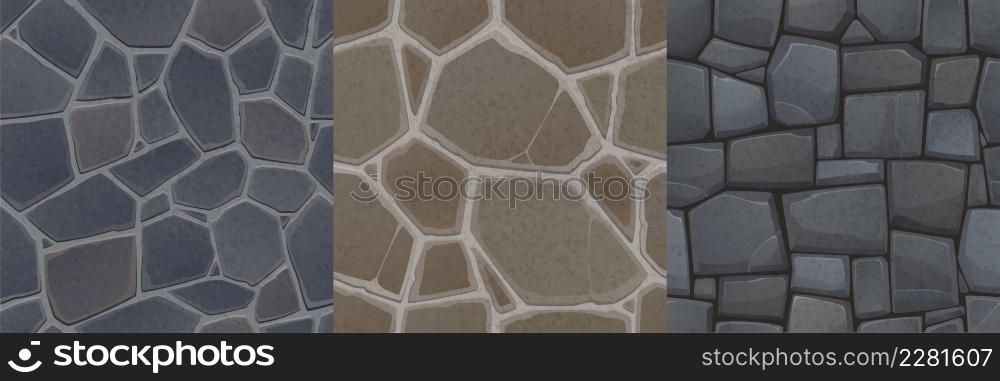 Textures of stone floor and wall for game background. Vector cartoon seamless patterns of top view of pavement or square with cobblestones and granite blocks in concrete. Textures of stone floor and wall