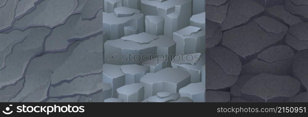 Textures of stone ground and grey rocks for game background. Vector cartoon seamless patterns of land or mountain surface with cobblestones, broken asphalt, cracked concrete. Textures of stone ground and grey rocks
