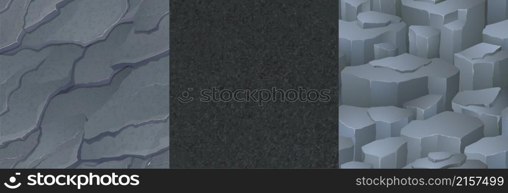 Textures of stone ground, grey rocks and black asphalt for game background. Vector cartoon seamless patterns of land or mountain surface with cobblestones, cracked concrete and road cover. Textures of stone ground, grey rocks and asphalt