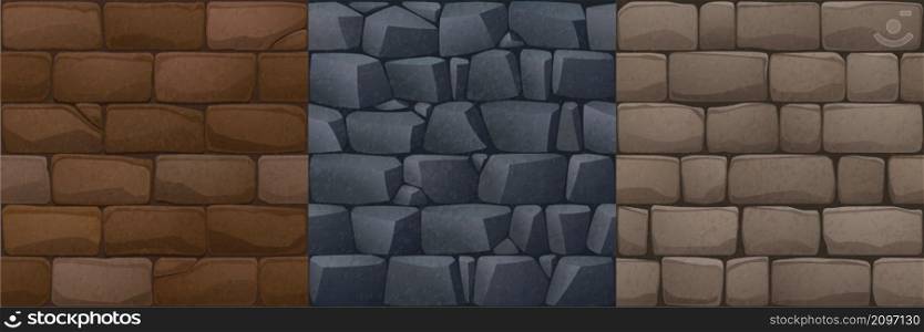 Textures of stone walls for game background. Vector cartoon seamless patterns of pavement or stonewall, masonry from rock bricks and blocks, ancient building exterior. Textures of stone bricks walls