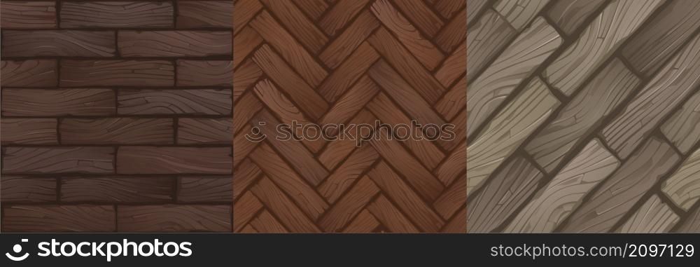 Textures of wood parquet, herringbone and rectangle flooring for game background. Vector cartoon seamless patterns of top view of wooden laminate, old vintage floor surface from timber boards. Textures of wood parquet, wooden flooring