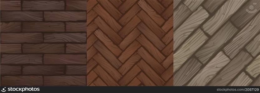 Textures of wood parquet, herringbone and rectangle flooring for game background. Vector cartoon seamless patterns of top view of wooden laminate, old vintage floor surface from timber boards. Textures of wood parquet, wooden flooring