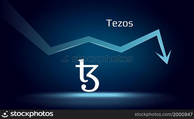 Tezos XTZ in downtrend and price falls down. Cryptocurrency coin symbol and down arrow. Crushed and fell down. Cryptocurrency trading crisis and crash. Vector illustration.. Tezos XTZ in downtrend and price falls down. Cryptocurrency coin symbol and down arrow. Crushed and fell down. Cryptocurrency trading crisis and crash.