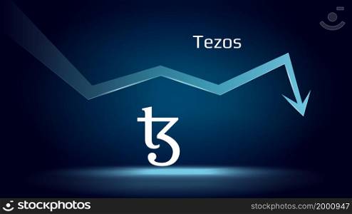 Tezos XTZ in downtrend and price falls down. Cryptocurrency coin symbol and down arrow. Crushed and fell down. Cryptocurrency trading crisis and crash. Vector illustration.. Tezos XTZ in downtrend and price falls down. Cryptocurrency coin symbol and down arrow. Crushed and fell down. Cryptocurrency trading crisis and crash.