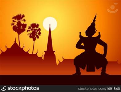 Thai ancient literature play of Ramaya called pantomine king of giant is angry,silhouette style,vector illustration