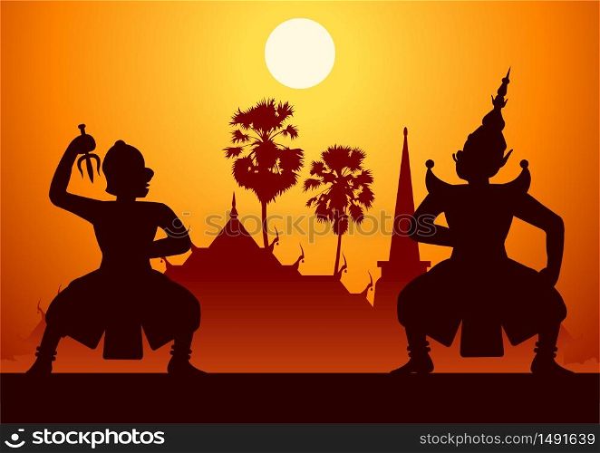 Thai ancient literature play of Ramaya called pantomine leader of monkey ready to fight with king of giant,silhouette style,vector illustration