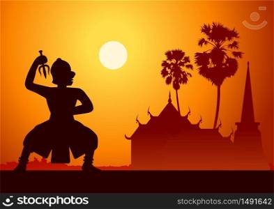 Thai ancient literature play of Ramaya called pantomine leader of monkey ready to fight,silhouette style,vector illustration