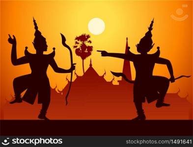 Thai ancient literature play of Ramaya called pantomine Rama or Vishnu ready to fight with king of giant,silhouette style,vector illustration