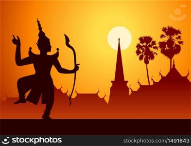 Thai ancient literature play of Ramaya called pantomine Rama or Vishnu shooting arrow silhouette style,vector illustration