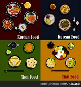Thai and spicy korean cuisine dishes with carrot salad, shrimps with fried rice, prawn soup and vegetable pies, grilled beef on sticks, coconut puddings and sauces . Traditional thai and korean dishes