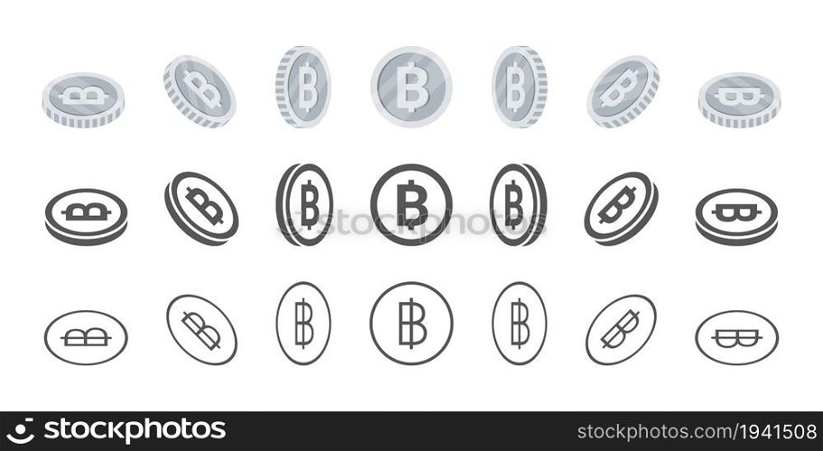 Thai baht coins. Rotation of icons at different angles for animation. Coins in isometric. Vector illustration
