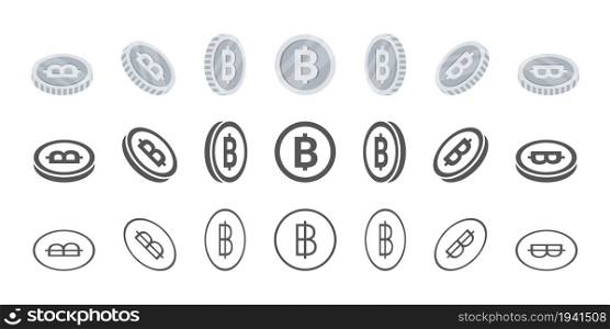 Thai baht coins. Rotation of icons at different angles for animation. Coins in isometric. Vector illustration