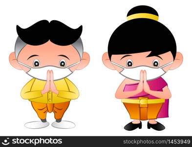 thai children wearing mask to protect virus and dust in cartoon version,vector illustration