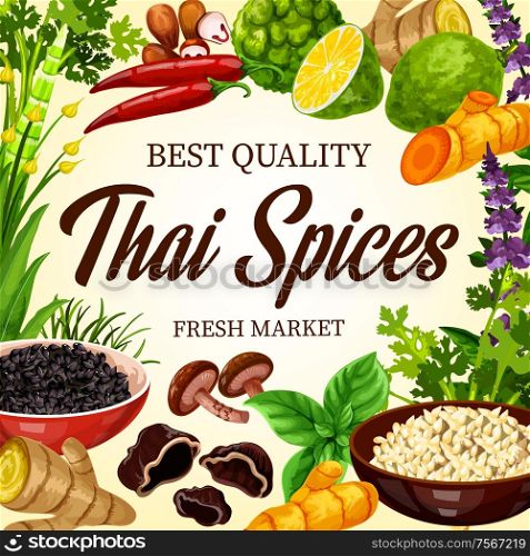 Thai cooking spices, herbs and Asian cuisine herbal seasonings, farm market poster. Thai food flavorings, lemongrass and green peppercorn, basil and parsley herbs, chili pepper, curry and garlic spice. Thai cooking spices and herbs, Asian seasonings