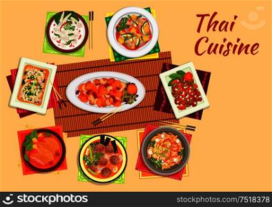 Thai cuisine dinner flat symbol of rice noodles with shrimps, cashew nut chicken, sweet and sour pork, chicken salad, pineapple duck curry, coconut milk chicken soup, lamb curry, pork meatball soup. Asian cuisine dinner with thai dishes flat icon