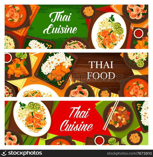 Thai cuisine vector sweet rice with mango khao niaow ma muang, cashew chicken gai pad med mamuang, and green papaya salad som tum. Shrimp noodles, fried rice and spring rolls or tom yum Thailand food. Thai food, Thailand cuisine cartoon vector banners