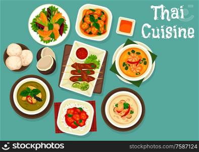 Thai food dishes vector design of seafood, meat and vegetables. Soups tom kha gai, fish and shrimps with rice noodles, sweet sour pork, green curry and grapefruit salad, pork satay, coconut ice cream. Thai seafood soup, grilled meat, coconut dessert