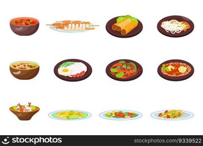 Thai food icons set cartoon vector. Rice dinner. Dinner food. Thai food icons set cartoon vector. Rice dinner