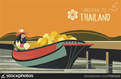 Thai fruit merchant in boats. Vector illustration. Thai woman in a hat sells exotic fruits. For the Thai market.. Fruit traders in boats. Vector illustration. For the Thai market.