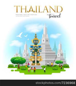 thai giant with Arun temple in bangkok thailand travel design on blue cloud and sky background, vector illustration