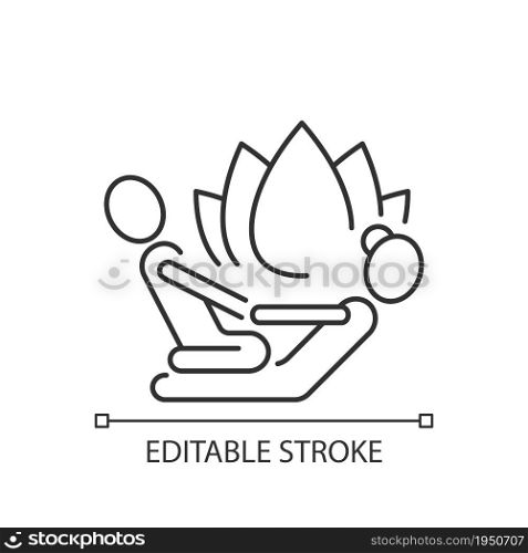 Thai massage linear icon. Gradual stretching. Therapeutic touch. Improve mobility, flexibility. Thin line customizable illustration. Contour symbol. Vector isolated outline drawing. Editable stroke. Thai massage linear icon