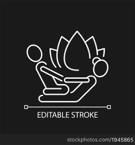 Thai massage white linear icon for dark theme. Yoga-like stretch. Health benefit. Improve mobility. Thin line customizable illustration. Isolated vector contour symbol for night mode. Editable stroke. Thai massage white linear icon for dark theme