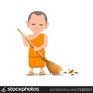 Thai monk is leaf sweep, design isolated on white background, vector illustration