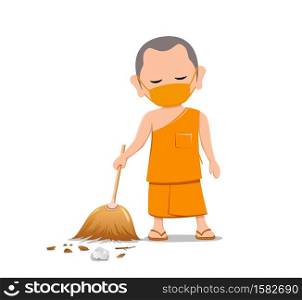 Thai monk put face mask virus protection, holding broom is leaf sweep, design isolated on white background, vector Eps 10 illustration