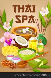 Thai spa salon, massage and body care wellness bathing, vector poster. Thailand oriental spa essential oils, aromatherapy candles and herbal therapy treatments, coconut, bamboo and palm leaf soap. Oriental Thai spa and body wellness salon poster