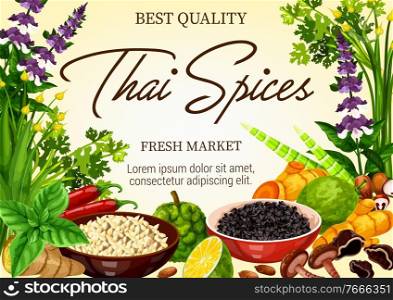 Thai spices and seasonings market banner. Kaffir lime, sesame seeds and shiitake mushrooms, ginger, turmeric or galangal, bamboo, sprouts, coriander or parsley, chilli pepper, onion and sage vector. Thai spices and seasonings market vector banner