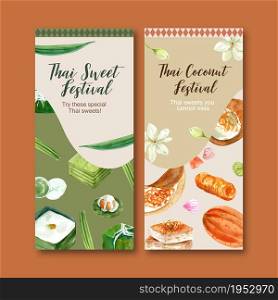 Thai sweet flyer design with golden threads, thai custard illustration watercolor.
