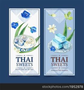 Thai sweet flyer design with layered jelly, flowers illustration watercolor.
